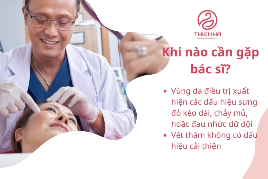 Việc gặp bác sĩ không chỉ giúp giải quyết kịp thời các vấn đề phát sinh mà còn đảm bảo bạn đạt được kết quả điều trị tốt nhất. Đừng ngần ngại đặt câu hỏi hoặc tìm kiếm sự trợ giúp từ chuyên gia nếu bạn cảm thấy lo lắng về làn da của mình.