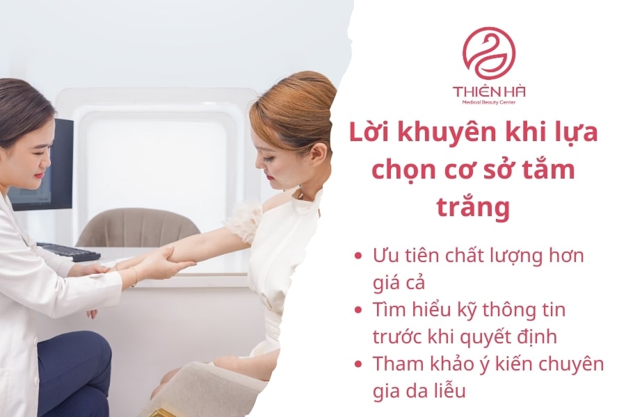 Lựa chọn đúng cơ sở tắm trắng không chỉ giúp bạn đạt được làn da trắng sáng như mong muốn mà còn đảm bảo an toàn cho sức khỏe. Hãy cân nhắc kỹ và đặt niềm tin vào những địa chỉ uy tín, chất lượng.