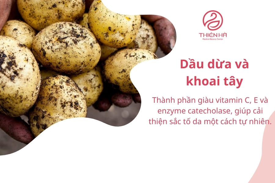 Dầu dừa giúp da mềm mịn, sáng khỏe nhưng không thể bật tone nhanh chóng. Kết hợp với khoai tây sẽ cho hiệu quả dưỡng sáng tốt hơn!
