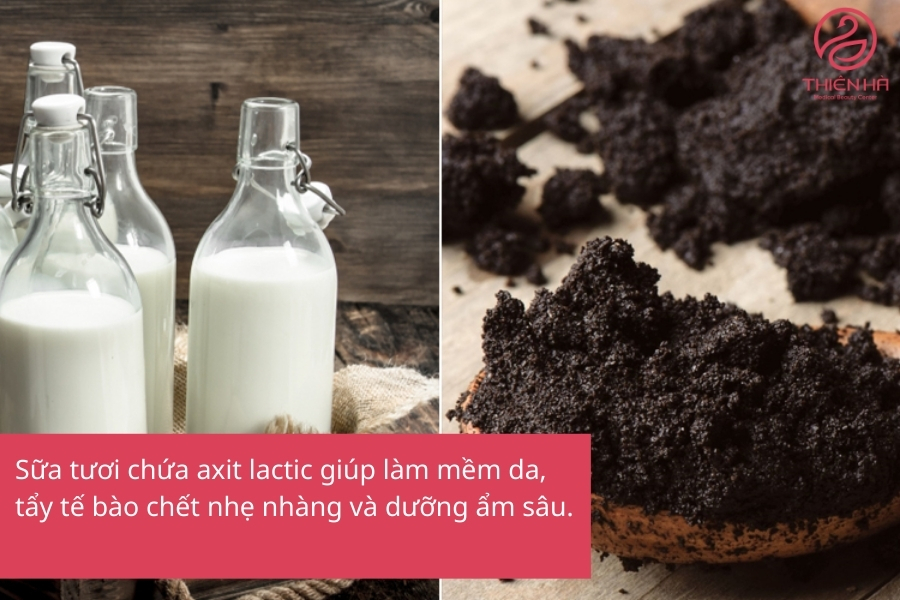 Bã cafe khi kết hợp với sữa tươi không đường có tác dụng làm sạch, cấp ẩm và nuôi dưỡng làn da trắng sáng 