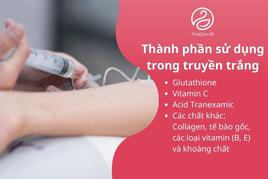 Các thành phần trong truyền trắng như glutathione, vitamin C, acid tranexamic… đều mang lại lợi ích làm trắng và cải thiện sức khỏe làn da nếu được sử dụng đúng cách. 