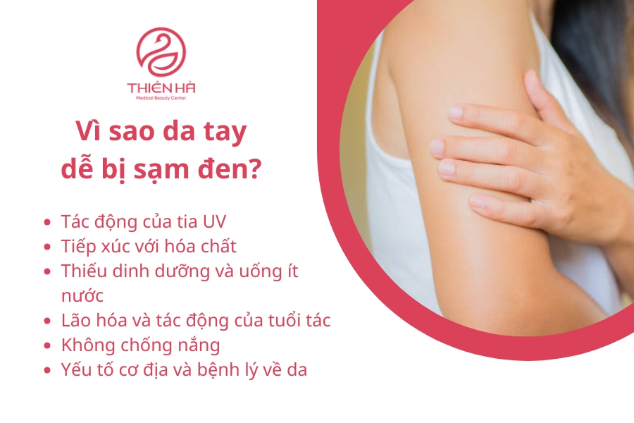 Da tay dễ bị sạm đen và xuất hiện đốm trắng do nhiều nguyên nhân như tia UV, thiếu dưỡng chất, tiếp xúc hóa chất và lão hóa. 