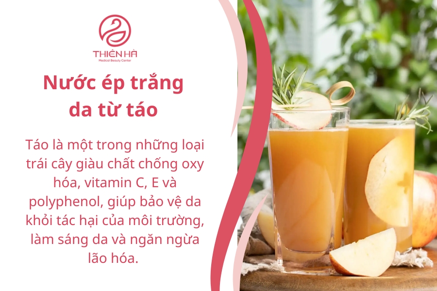 Nước ép táo không chỉ giúp làm trắng da mà còn hỗ trợ giữ ẩm, làm chậm quá trình lão hóa và bảo vệ da khỏi tác hại của môi trường, giúp làn da luôn sáng mịn và tràn đầy sức sống.