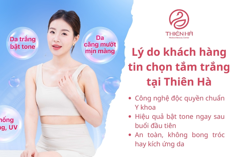 Với công nghệ hiện đại, đội ngũ chuyên gia giàu kinh nghiệm và dịch vụ chuyên nghiệp, Viện Thẩm Mỹ Thiên Hà chính là địa chỉ tắm trắng hàng đầu giúp bạn nhanh chóng sở hữu làn da trắng sáng, mịn màng và tự tin hơn. 