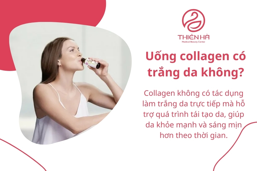 Uống collagen không trực tiếp làm trắng da, nhưng giúp da khỏe mạnh, căng bóng và giảm thâm sạm, từ đó hỗ trợ quá trình dưỡng trắng hiệu quả hơn. Uống collagen không trực tiếp làm trắng da, nhưng giúp da khỏe mạnh, căng bóng và giảm thâm sạm, từ đó hỗ trợ quá trình dưỡng trắng hiệu quả hơn. 
