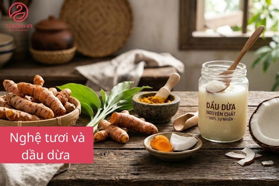 Nghệ tươi và dầu dừa 